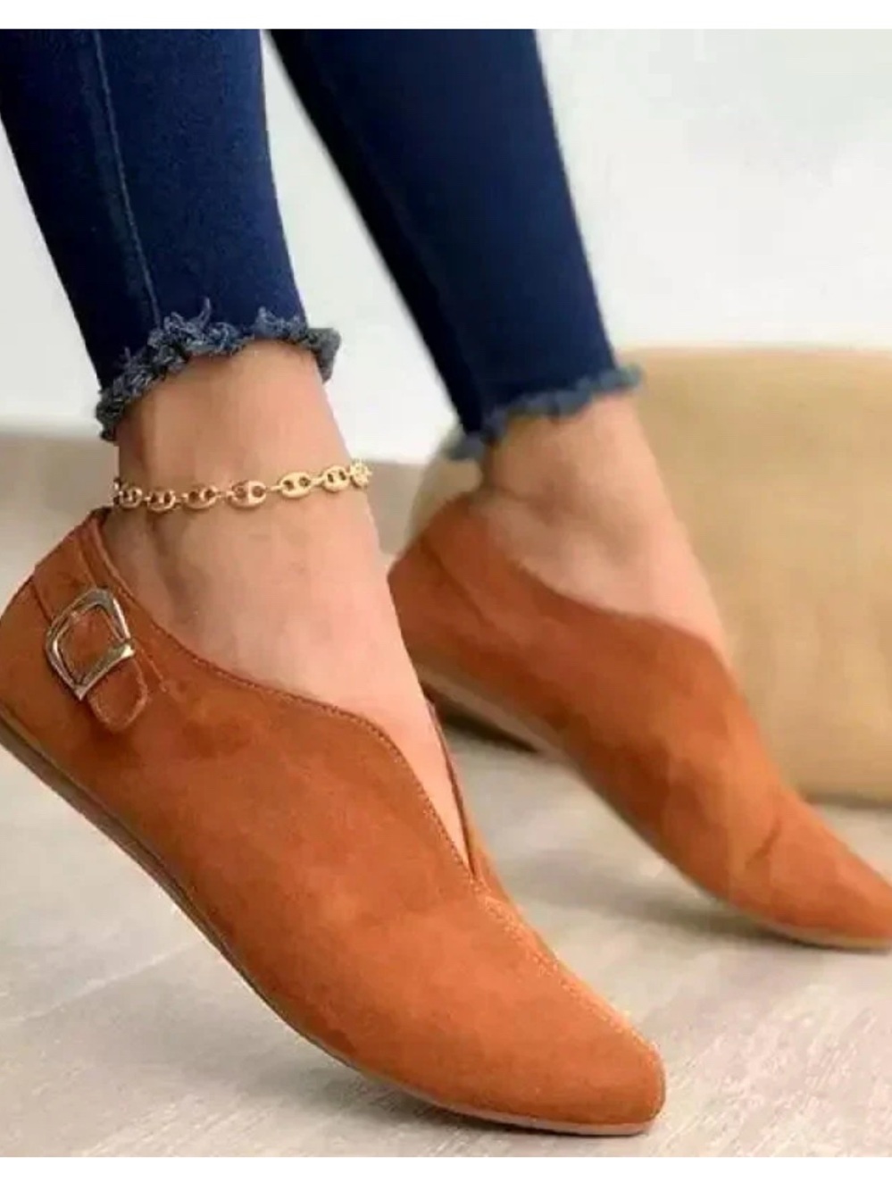 Women’s Tan Suede Pointed Loafers with Side Buckle